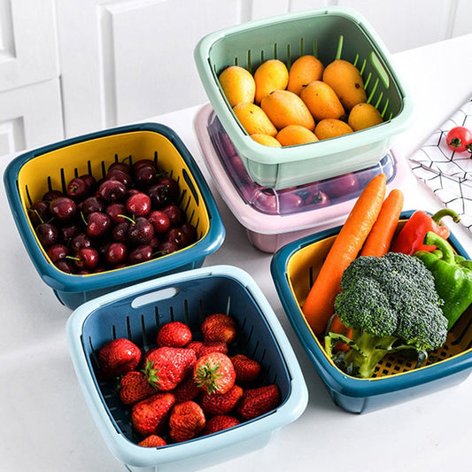 Pack of 2 Double Drain Kitchen Wash Basket and Refrigerator Strainer Vegetable Fruit Storage
