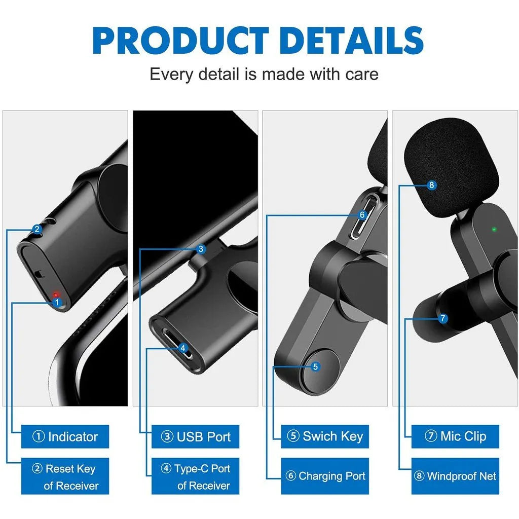K8 Wireless Portable Universal Microphone High Quality Clear Voice Built-In Noise Reduction Chip and Easy Plug Play with Mini Collar Clip for Mobile Phone