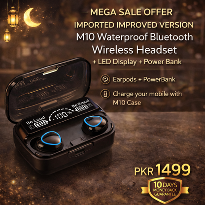 Mega Sale Offer - Imported Improved version of M10 Waterproof Bluetooth Wireless Headset with LED Display + Power Bank
