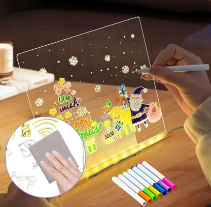 Kids Cute DIY Acrylic LED Writing Board Lamp Art and Craft Toy with 7 Color Pens - USB Powered Rewritable Message Light for Kids