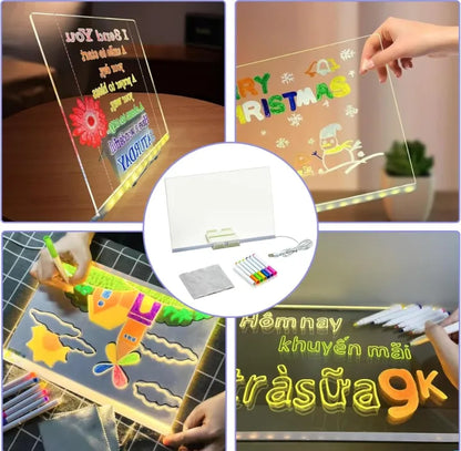 Kids Cute DIY Acrylic LED Writing Board Lamp Art and Craft Toy with 7 Color Pens - USB Powered Rewritable Message Light for Kids