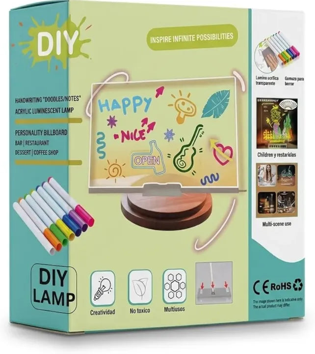 Kids Cute DIY Acrylic LED Writing Board Lamp Art and Craft Toy with 7 Color Pens - USB Powered Rewritable Message Light for Kids