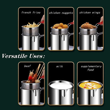 Multi Functional Stainless Steel Rust Resistant 1200ML Deep Fryer Pot with Strainer Basket and Long Handle Kitchen Oil Frying Pot Kettle for Home Use