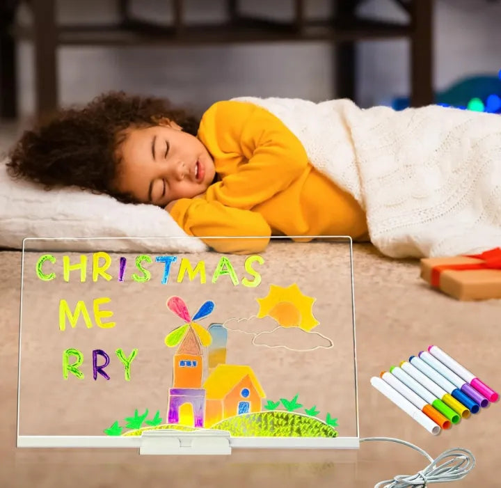 Kids Cute DIY Acrylic LED Writing Board Lamp Art and Craft Toy with 7 Color Pens - USB Powered Rewritable Message Light for Kids