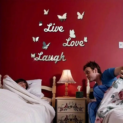Three Dimensional 3D Letters Love Live Laugh with Butterfly Self Adhesive Mirror Wall Decals Stickers Set For Home Decoration