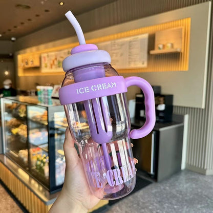 Ice Cream Water Bottle with Straw & Handle – Aesthetic Double-Layer Tumbler | Leakproof & BPA-Free