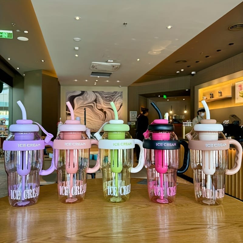 Ice Cream Water Bottle with Straw & Handle – Aesthetic Double-Layer Tumbler | Leakproof & BPA-Free