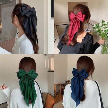 Pack of 2 Elegant Bow Ribbon Hair Clip Fashion Simple Solid Satin Spring Clip Hair Pin Retro Headband with Clips Girls Hair Accessories