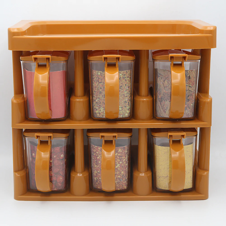 Master Chef 2 Tier Spice Organizer Rack with 6 Jars Set For Kitchen and Outdoor Use
