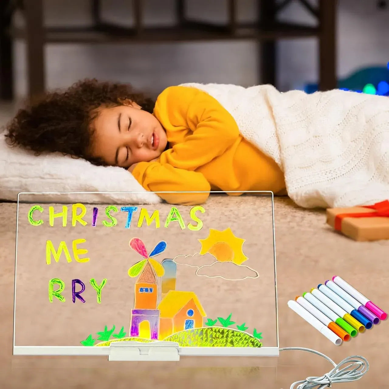 Kids Cute DIY Acrylic LED Writing Board Lamp Art and Craft Toy with 7 Color Pens - USB Powered Rewritable Message Light for Kids